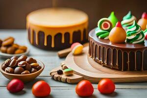 a chocolate cake with candies and nuts on a wooden table. AI-Generated photo