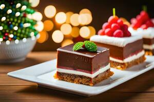 three desserts on a white plate with a christmas tree in the background. AI-Generated photo