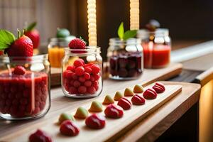 varios frutas y bayas en frascos en un de madera mesa. generado por ai foto