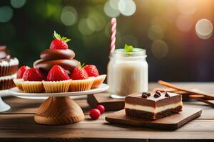 varios postres en de madera mesa con chocolate y fresas generado por ai foto