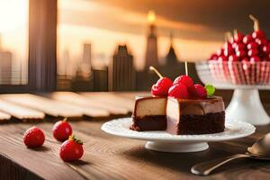 chocolate cake with cherries on top on a table with a cityscape in the background. AI-Generated photo