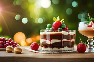 un postre con Fruta y chocolate en un mesa. generado por ai foto