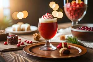 a glass of red wine with a candy cane on top. AI-Generated photo