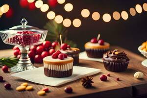 christmas dessert on wooden table with christmas lights. AI-Generated photo