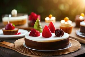 un pastel con Fruta en parte superior y velas en un mesa. generado por ai foto