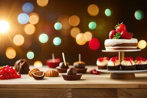 a cake and cupcakes on a wooden table with lights. AI-Generated photo