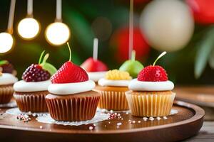 cupcakes with fruit on a wooden tray. AI-Generated photo