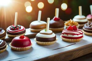 a tray of chocolate covered candies with toothpicks. AI-Generated photo