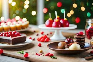 christmas desserts on table with christmas lights. AI-Generated photo