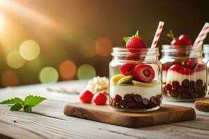 three jars with fruit and yogurt on a wooden table. AI-Generated photo