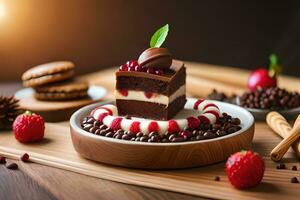 a piece of chocolate cake with strawberries and cream on a wooden table. AI-Generated photo