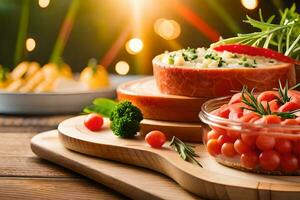 un de madera mesa con un cuenco de comida y vegetales. generado por ai foto