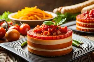 a cake with tomatoes and cheese on top. AI-Generated photo