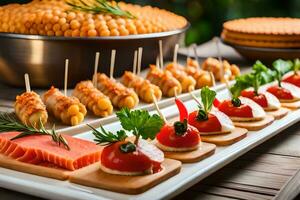 a buffet with appetizers and meat on skewers. AI-Generated photo