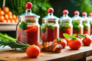 un mesa con frascos de comida y vegetales. generado por ai foto