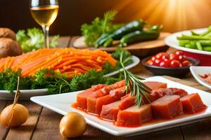 un mesa con varios comidas incluso carne, vegetales y vino. generado por ai foto