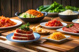 a table with various dishes of food. AI-Generated photo