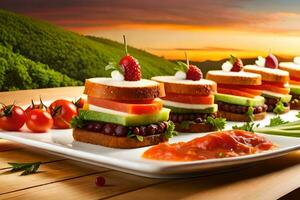 a plate with sandwiches on it with a sunset in the background. AI-Generated photo