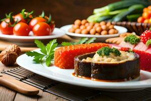 un plato de comida con vegetales y carne. generado por ai foto