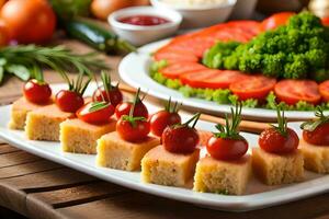 un plato de aperitivos con Tomates y brócoli. generado por ai foto