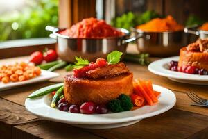 a table with food on it and bowls of vegetables. AI-Generated photo