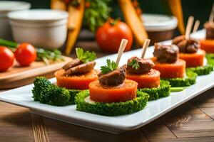 a platter of appetizers with meat and vegetables. AI-Generated photo