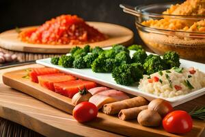 various types of food on a cutting board. AI-Generated photo