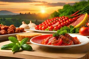 un mesa con comida y vegetales en él. generado por ai foto