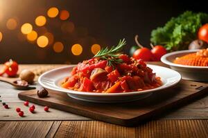 un plato de comida con Tomates y hierbas en un de madera mesa. generado por ai foto