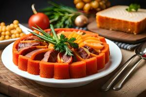 a plate of food with vegetables and meat. AI-Generated photo