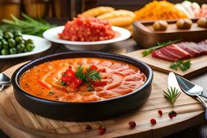 a bowl of soup with meat and vegetables on a cutting board. AI-Generated photo