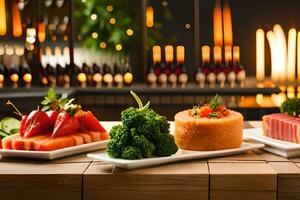 varios tipos de comida en platos en frente de velas generado por ai foto