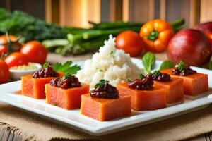 salmon with cranberry sauce and rice on a white plate. AI-Generated photo