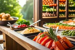 un buffet con varios tipos de comida en él. generado por ai foto