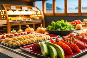 a buffet with various types of food on trays. AI-Generated photo