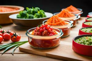 a table with bowls of different types of food. AI-Generated photo