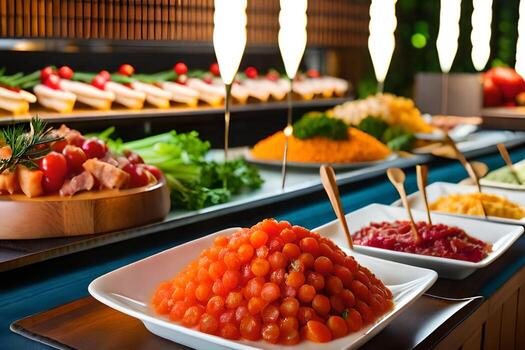 a buffet with various types of food on display. AI-Generated photo