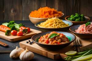 various types of pasta and vegetables on wooden cutting boards. AI-Generated photo