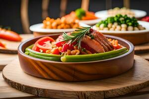 a wooden bowl filled with food on a table. AI-Generated photo