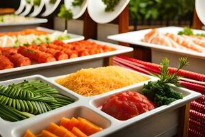 buffet with different types of food on trays. AI-Generated photo