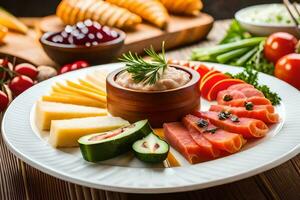 un plato de comida con queso, carne, y vegetales. generado por ai foto