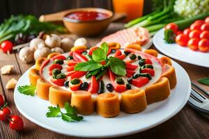 a pizza with vegetables and tomatoes on a white plate. AI-Generated photo