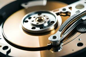 a close up of a hard drive with a metal disk. AI-Generated photo