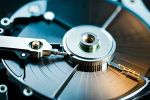 a close up of a disk drive with a metal disk. AI-Generated photo