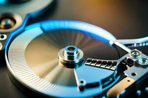 a close up of a disk drive with a blue light. AI-Generated photo