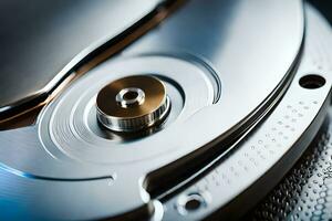 a close up of a hard drive with a metal disk. AI-Generated photo
