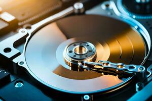 a hard drive is shown with a metal disk. AI-Generated photo