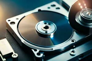 a hard drive and a disk are shown on a table. AI-Generated photo