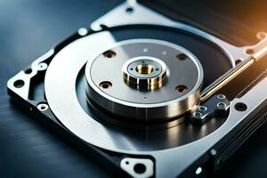 a hard drive is shown with a metal disk. AI-Generated photo