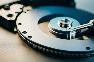 a close up of a hard drive with a metal disk. AI-Generated photo